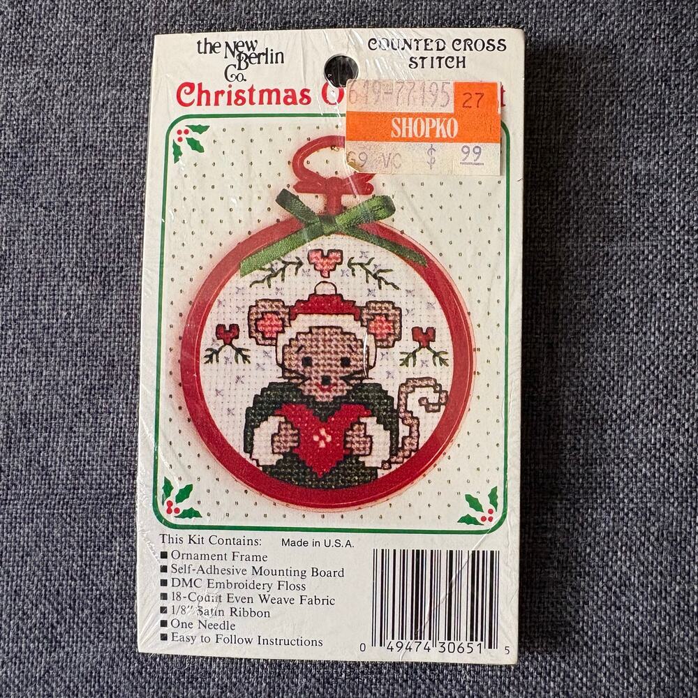 Holiday Mouse Christmas Ornament Vintage Counted Cross Stitch Kit by New Berlin